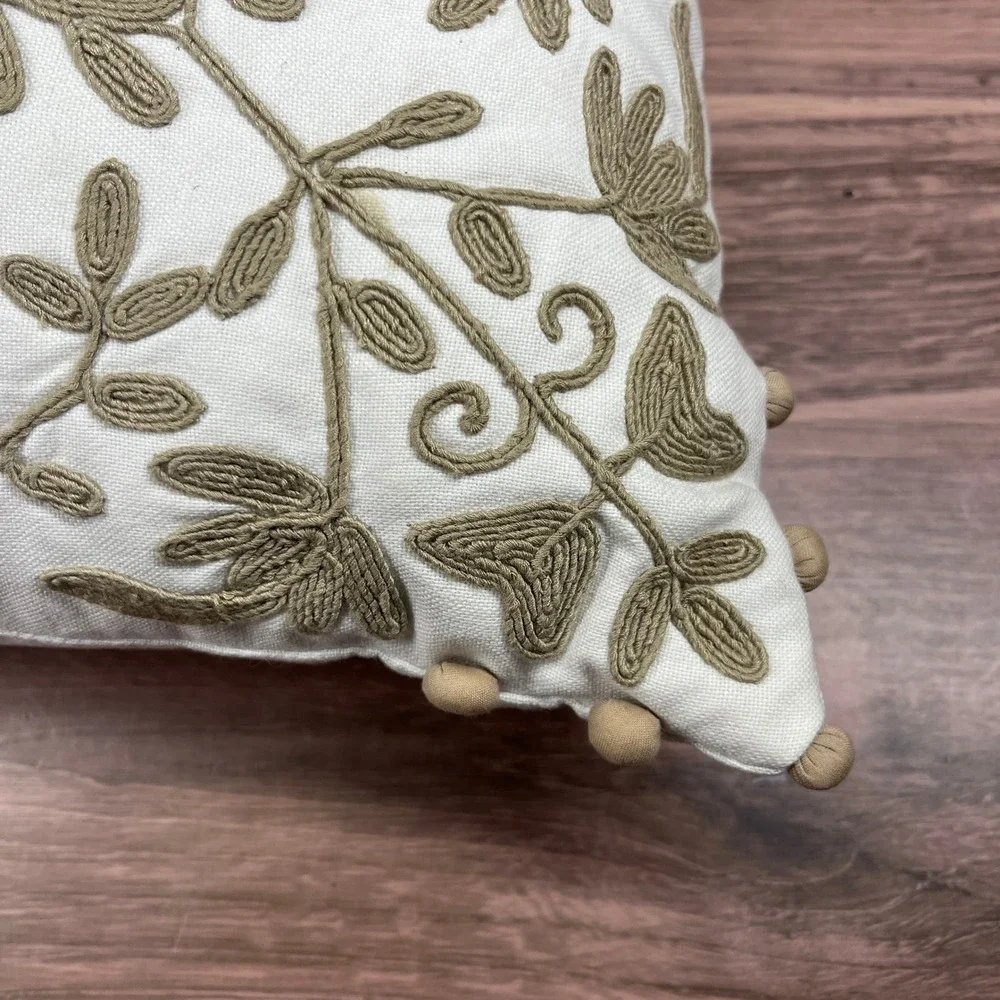 Pottery Barn Throw Pillow 12 x 12 White Tan Crewel Embroidered Pom-Pom Trim